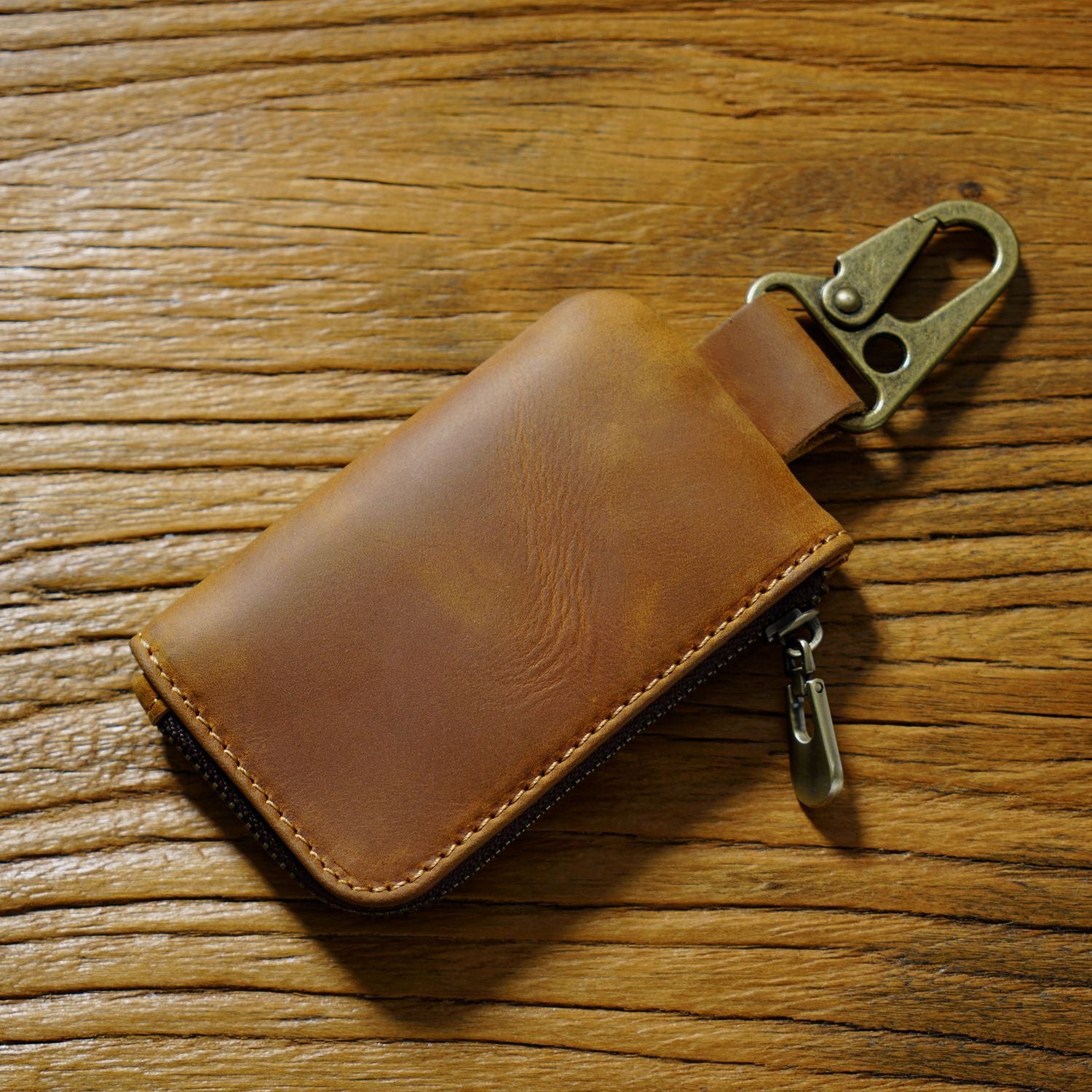 Wholesale Cowhide Waist Hanging Portable Zipper Storage Bag Leather Keychain